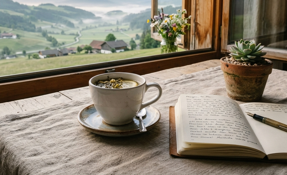Kräutertee und Tagebuch auf Leinentischdecke